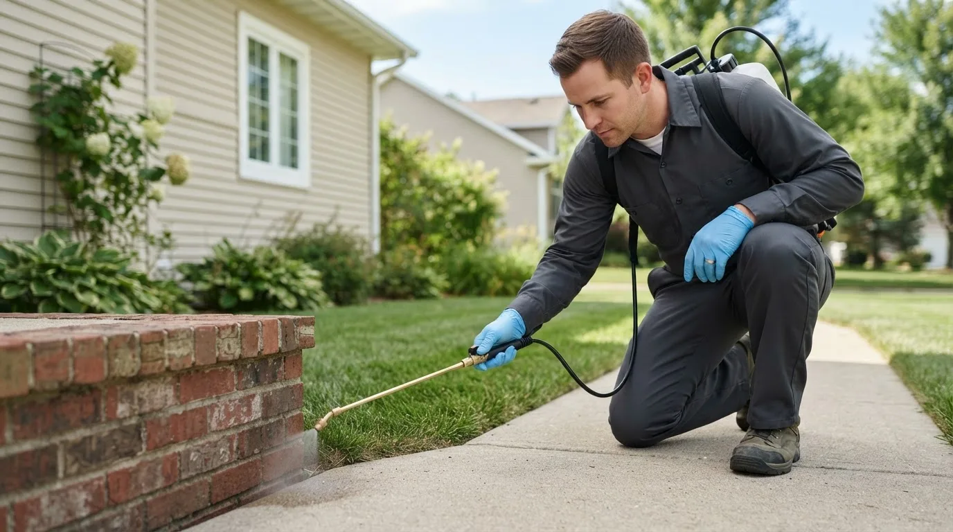 Pest control technician treating a home near Jasonville, IN