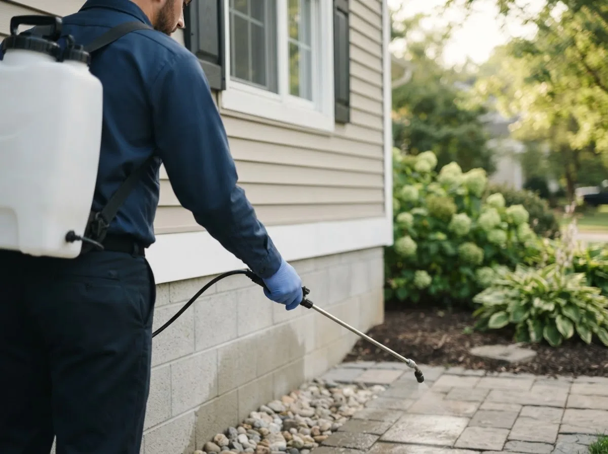Pest control technician inspecting a home in Jasonville, IN